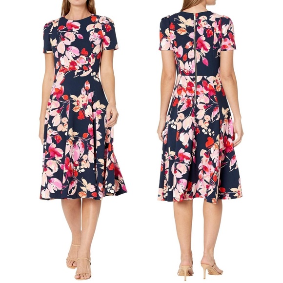Calvin Klein Petite Printed Scuba Crepe Short-Sleeve Dress 12P - Picture 1 of 11